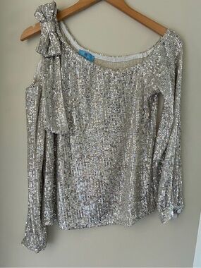 CeCe Women Sequin One Shoulder Bow Blouse Champagne Gold Long Sleeve Top